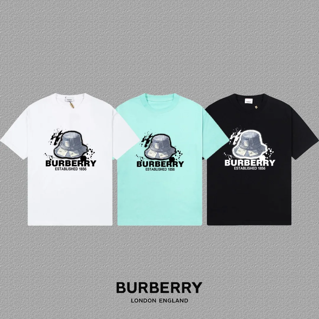 P80✨🔥 [Burberry] 2025FW short-sleeved T-shirt, printed logo Premium 26s double yarn 300g fabric, heavy fabric, custom stretcher rib, same vat and same dye, complete three labels, same style for men and women, Color: Black White Green Size: S M L XL 2XL